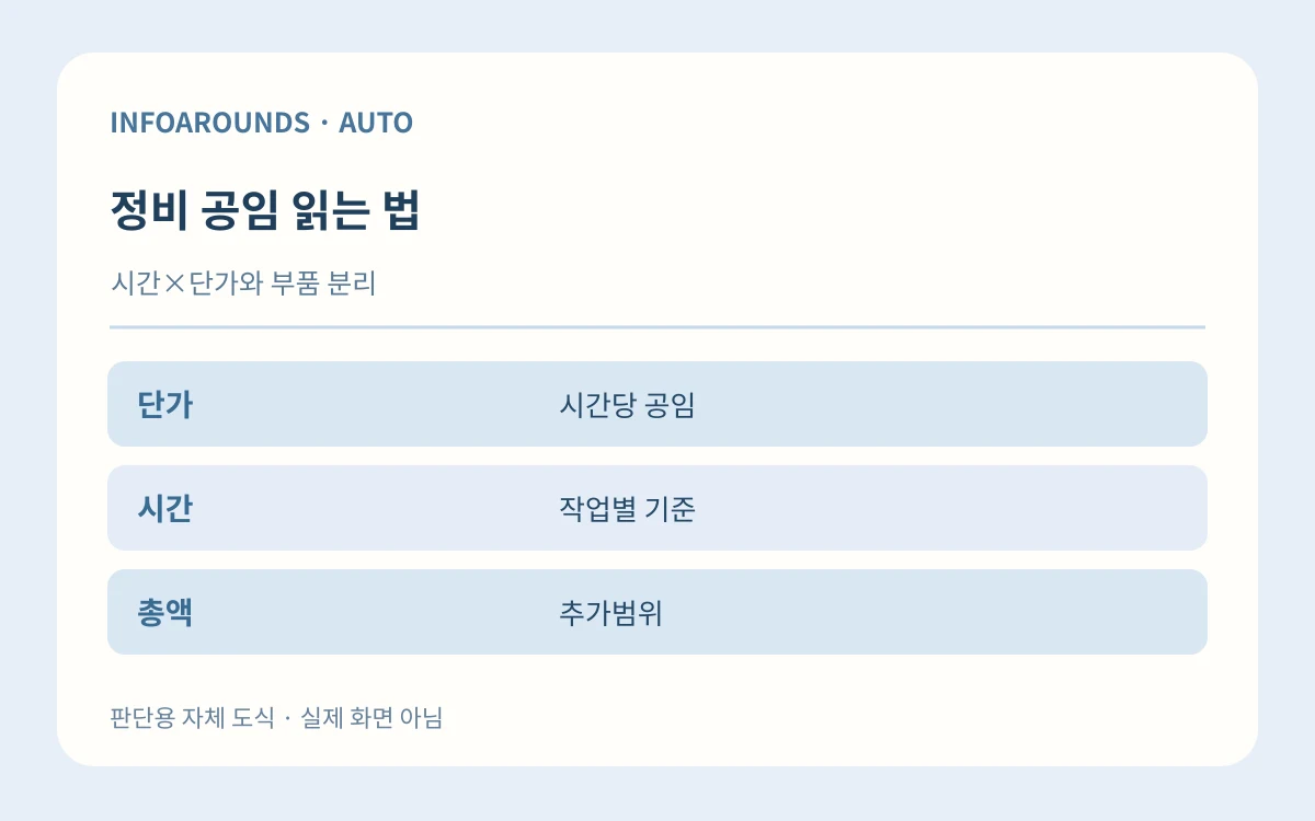 정비 공임 읽는 법. 시간×단가와 부품 분리. 단가 — 시간당 공임; 시간 — 작업별 기준; 총액 — 추가범위. 자체 제작 설명 그림