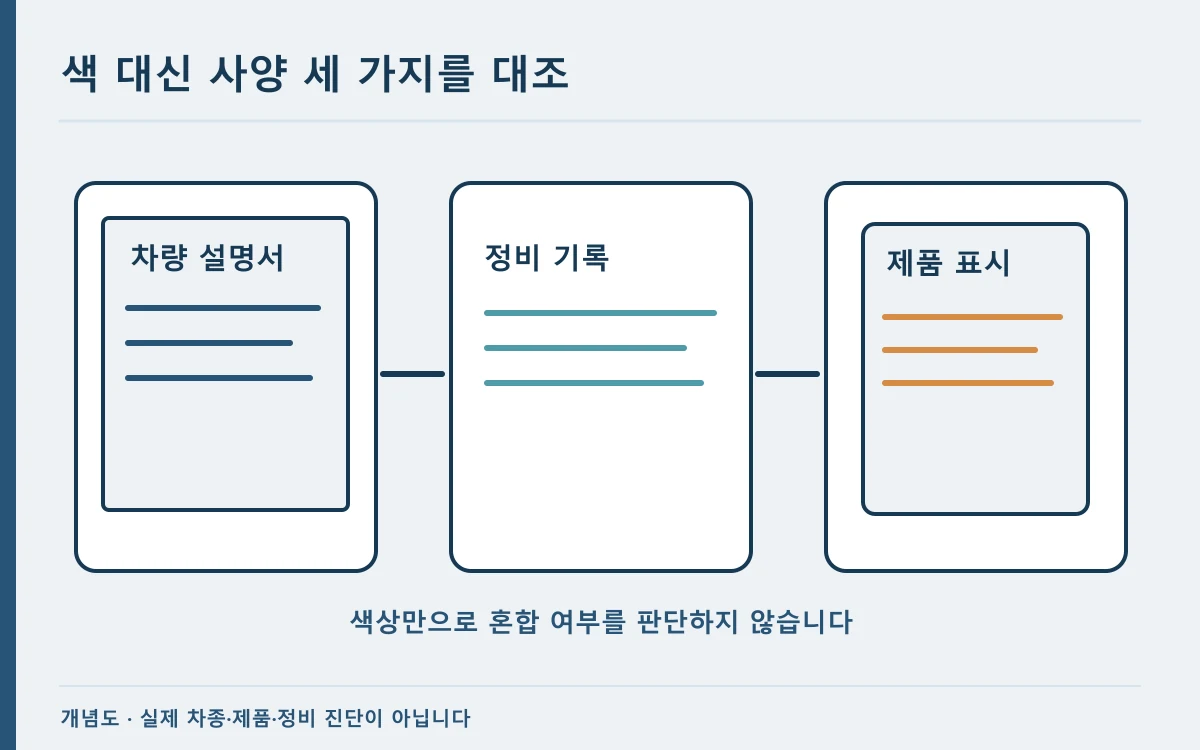 차량 설명서의 냉각수 사양과 제품 라벨을 나란히 비교하는 개념 도해
