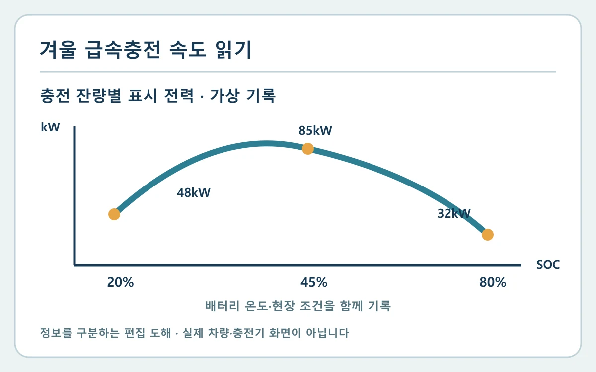 충전 잔량(SOC)·20%  →  45%  →  80%·시작 전 배터리 온도 확인·높은 잔량에서는 속도 하락 가능 항목을 구분하는 자체 편집 도해