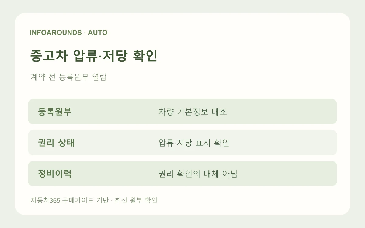 중고차 계약 전 자동차 등록원부의 차량 기본정보·압류·저당 표시를 확인하고 정비이력과 구분하는 자체 제작 도식