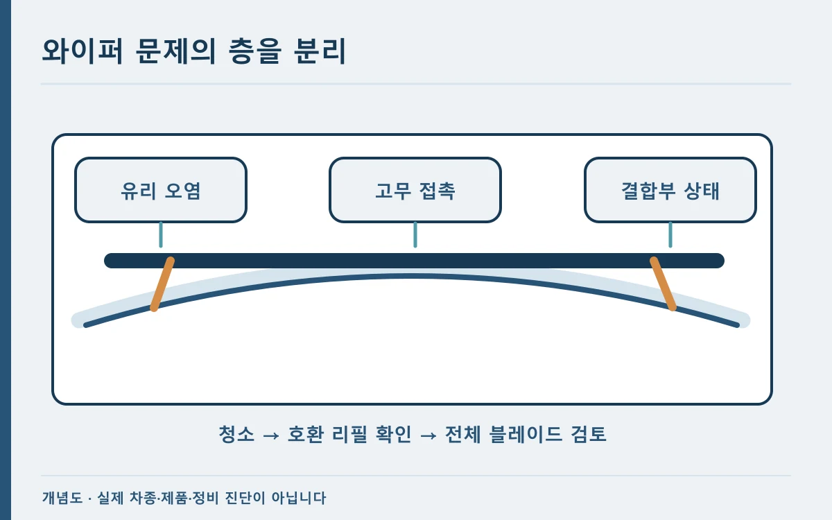 와이퍼 고무와 블레이드 프레임·결합부를 구분해 보여 주는 개념 도해